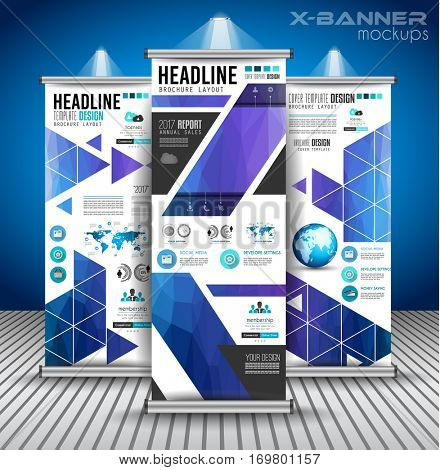 Set of Advertisement roll up banners with vertical design for business flyers or brochure. Ideal for modern x-banner and flag-banner.