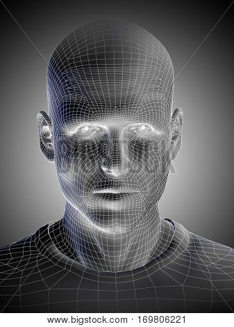 Concept or conceptual 3D illustration wireframe young human male or man face or head on gray background for technology, cyborg, digital, virtual, avatar, model, science, fiction, future