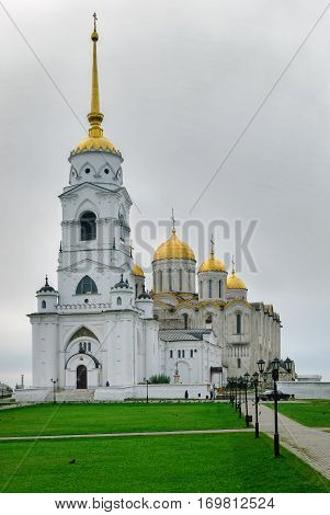 Vladimir, Russia - August 29, 2009: Dormition Cathedral or Assumption Cathedral and Bell tower in Vladimir, Russia. UNESCO World Heritage Site.