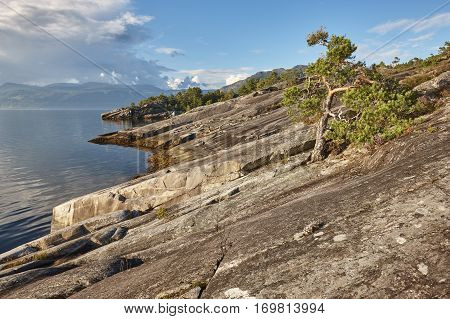 Norwegian fjord landscape. Folgefonn peninsula. Hereiane rest area. Visit Norway