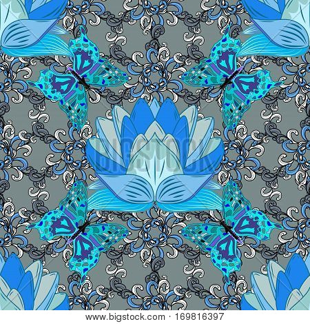 Vector seamless pattern with blue flowers and butterflies on grey background.