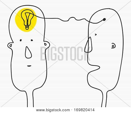 Idea concept.Finding solution, brainstorming, creative thinking, light bulb symbol.Modern Doodle line style sketch.Two cartoon man formed idea.Vector illustration isolated on white background.