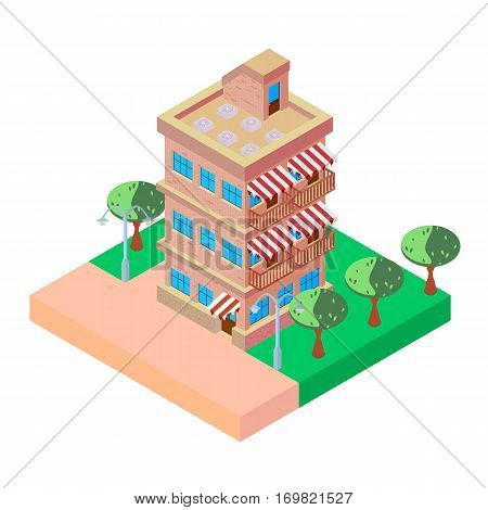 Vector icons of multi-storey buildings with trees in the yard