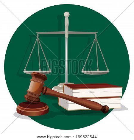 Judge wooden gavel, grey scale and two books on round green label on white. Traditional elements in flat style in court for judge and lawyer. Vector collection of thing for making right sentence