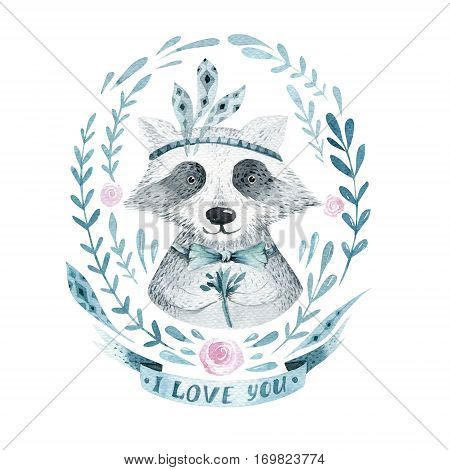 Watercolor boho floral wreath with raccoon. Watercolour bohemian natural frame: leaves, feathers, flowers,  Isolated on white background. Artistic decoration illustration. Save the date, weddign design, valentine's day