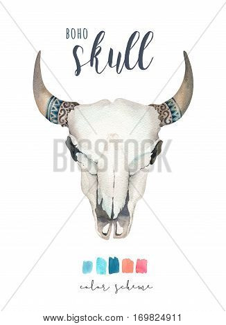 Watercolor bohemian cow skul and featherl.  Western mammals. Watercolour hipster deer boho decoration print antlers. flowers, feathers. Isolated on white background. Boho style.  Hand drawn ethnic themed design.