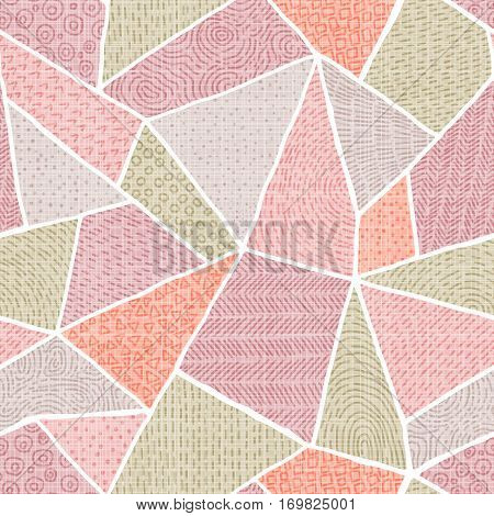 Seamless pattern of patchwork. Vintage pastel background. Coral lilac gray and olive colors. Grungy texture. Vector illustration.