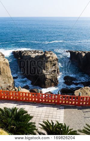 Aoshima Shrine and coastline with blue sky