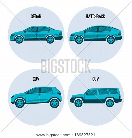 Sedan or saloon passenger automobile in three-box configuration, hatchback with cargo area, cuv and suv in round buttons isolated on white. Crossover and sport utility vehicles. Family domestic cars.