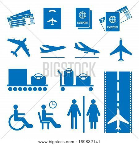 Airline colourless signs set isolated on white. Passports and tickets, airplane flying, landing and taking off, baggage on special equipments, aircraft on runway, people with disabilities signs