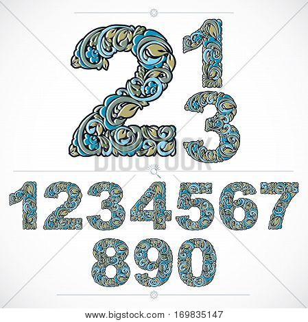 Floral Numerals, Hand-drawn Vector Numbers Decorated With Botanical Pattern. Blue Ornamental Numerat