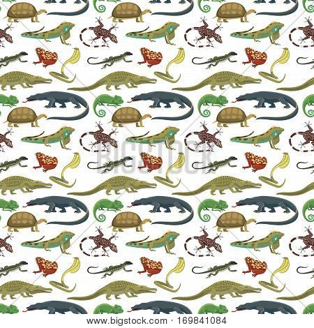 Reptile and amphibian seamless pattern of white background. Colorful fauna illustration snake predator animals. Crocodile silhouette exotic cartoon.