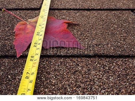 Tape measure and autumn leaf on asphalt shingles