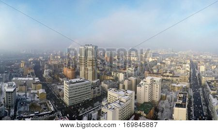 Kiev skyscrapers in winter, Velyka Vasylkivska str., aerial view