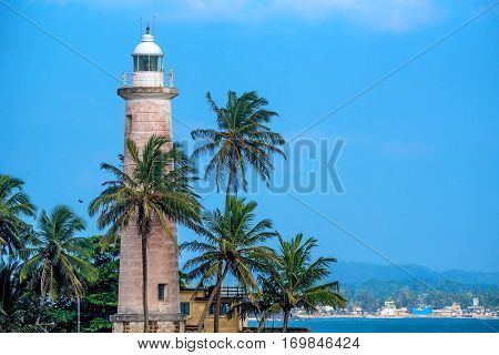Scenic view with lighthouse old colonial fort Galle in Sri Lanka