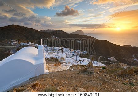 Small traditional church over Chora village on Anafi island.