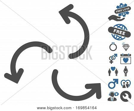 Cyclone Arrows pictograph with bonus romantic graphic icons. Vector illustration style is flat rounded iconic cobalt and gray symbols on white background.