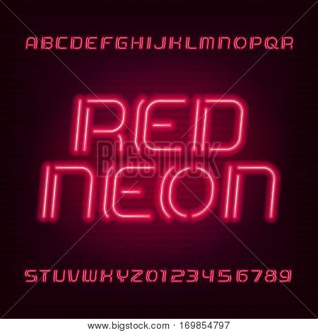 Neon tube alphabet font. Type letters and numbers. Red color on a dark background. Vector typeface for your design.