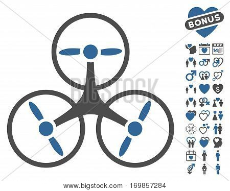 Tricopter Drone pictograph with bonus passion graphic icons. Vector illustration style is flat rounded iconic cobalt and gray symbols on white background.