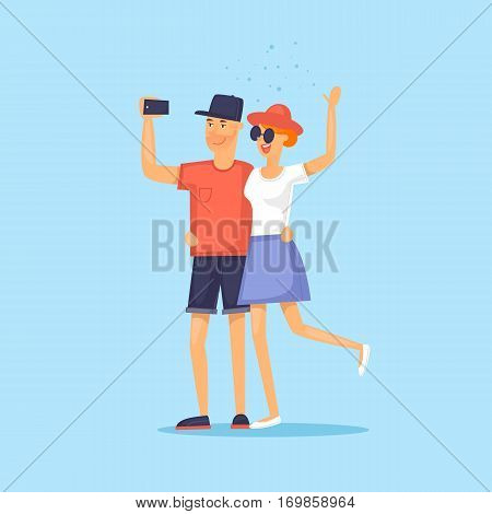 Couple of tourist together on a trip. Selfi-es. Character design. World Travel. Planning summer vacations. Flat design vector illustration.