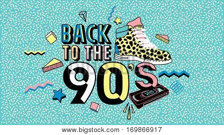 Back to the 90's.Memphis poster, invitation card and banner with geometric elements, sneakers and tape cassette. Vector illustration in trendy 80s-90s Memphis style.