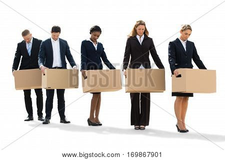 Unemployed People Standing With Cardboard Boxes After Layoff. Isolated On White