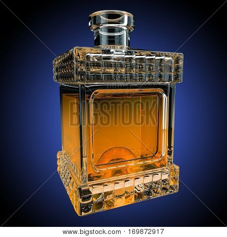Decanter with whiskey on gradient background. 3D render