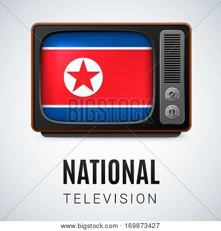 Vintage TV and Flag of North Korea as Symbol National Television. Tele Receiver with North Korean flag