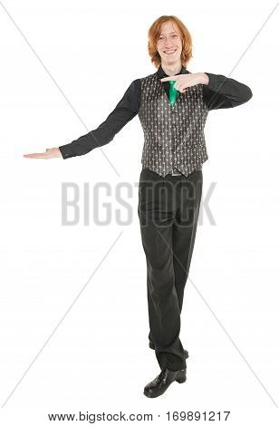 Young Man In Costume For Irish Dance Showing On Something