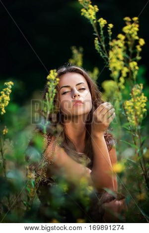 Soft portrait of a young woman sitting with a languid eyes among wildflowers
