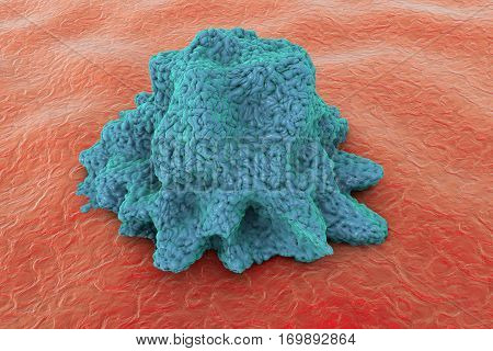 Immune cell, 3D illustration. B-lymphocyte or T-lymphocyte in blood with red blood cells
