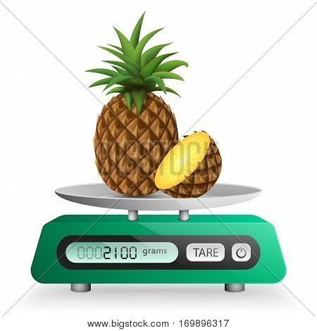 Pineapple and slice on green digital scale vector