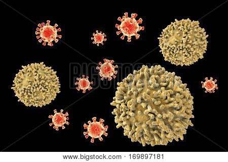 Lymphocytes and viruses. Immune defense. 3D illustration