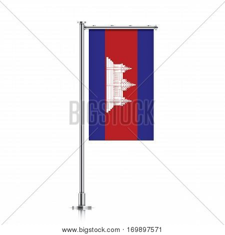 Cambodia vector banner flag hanging on a silver metallic pole. Vertical Cambodia flag template isolated on a white background.