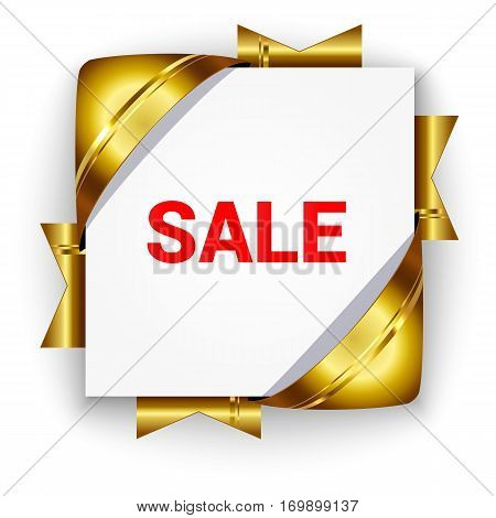 Golden 3D banner for sale. White square background tied with bright ribbons. Realistic ads for the Internet and print. button for websites.