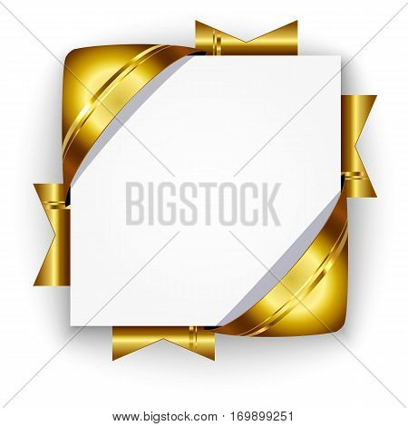 Golden 3d discount banner. White square background tied with bright ribbons. Realistic ads for the Internet and print. button for websites.