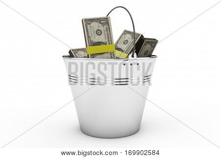 dollars in a metal bucket on a white background 3d render