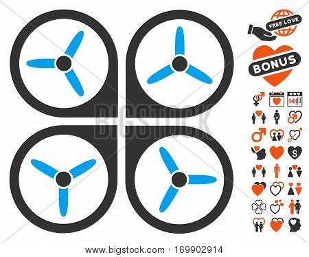 Quadrotor pictograph with bonus valentine pictograms. Vector illustration style is flat iconic elements for web design app user interfaces.