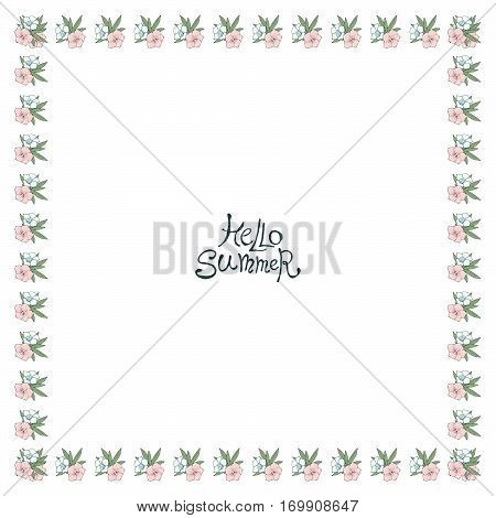 Vector floral frame with small pink flowers. Nature square hand drawn border on white background.