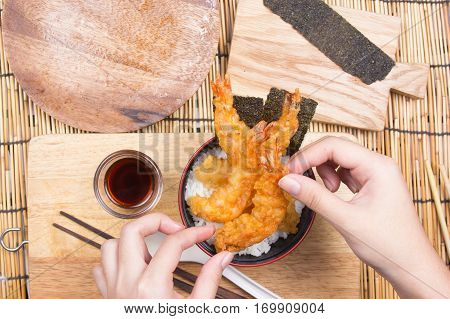 Chef decorated tempura on rice / Cooking Tempura concept