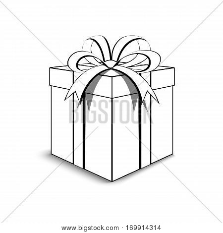3d packaging Valentine's Day. Contour white packaging. Beautiful festive box tied with ribbon and bow on top. Illustration for color book.