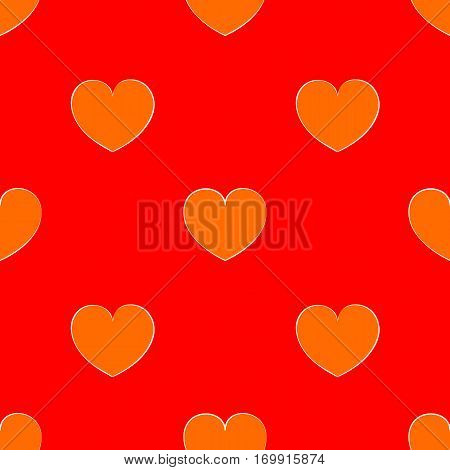 Seamless red pattern with orange hearts. Bright background for the Valentine's day. Cute wallpaper on the theme of love. Texture with a white outline.