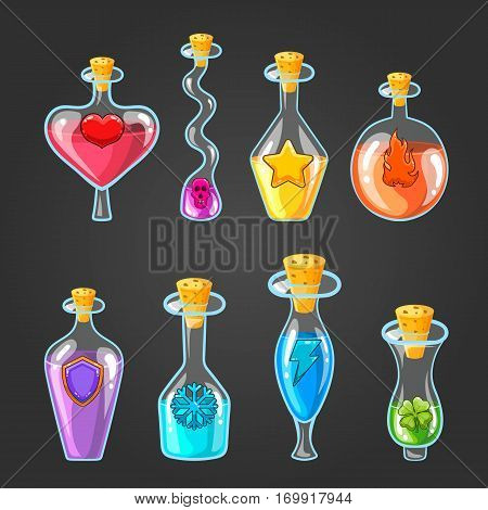 Big set with different magic elixir. Game design illustration
