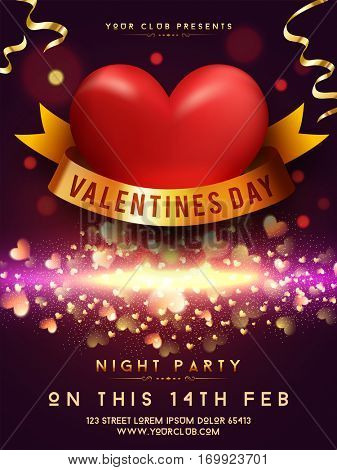 Valentine's Day Night Party celebration Template, Banner or Invitaton Card. Beautiful glowing background with hearts and golden ribbon.