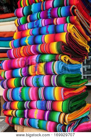  Traditional rugs at market on Cristobal de las casas , Chiapas region, Mexico.