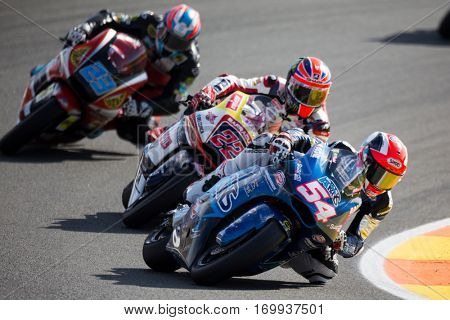 VALENCIA, SPAIN - NOV 13: 54 Pasini, 22 Lowes, 23 Schrotter in Moto2 Race during Motogp Grand Prix of the Comunidad Valencia on November 13, 2016 in Valencia, Spain.