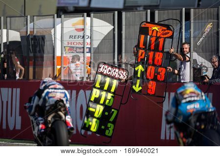 VALENCIA, SPAIN - NOV 13: Pitlane during Motogp Grand Prix of the Comunidad Valencia on November 13, 2016 in Valencia, Spain.