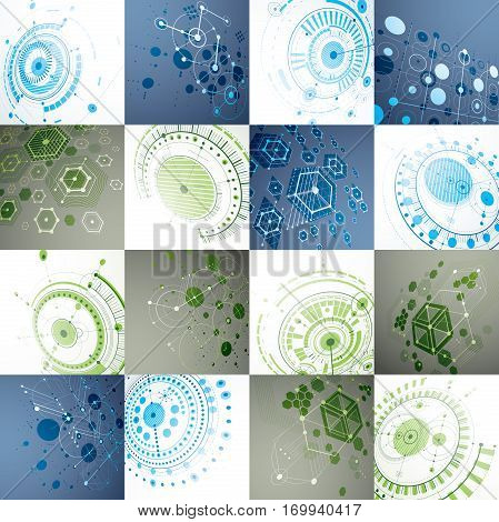Set of 3d vector abstract backgrounds created in Bauhaus retro style. Geometric composition can be used as templates and layouts. Engineering technology backdrops made with circles and honeycombs.