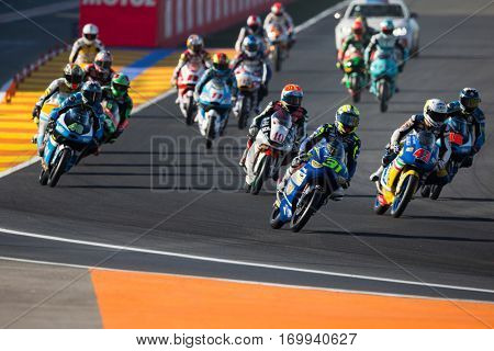 VALENCIA, SPAIN - NOV 13: Moto3 race during Motogp Grand Prix of the Comunidad Valencia on November 13, 2016 in Valencia, Spain.