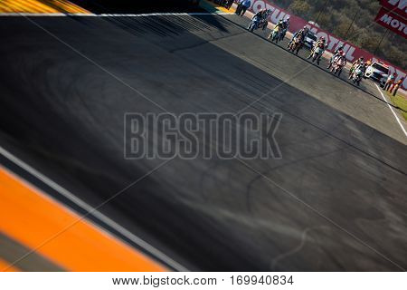 VALENCIA, SPAIN - NOV 13: Moto3 race during Motogp Grand Prix of the Comunidad Valencia on November 13, 2016 in Valencia, Spain.